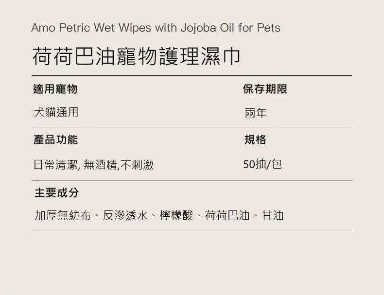 AMO PETRIC - Pet Wet Wipes with Jojoba Oil 50pcs